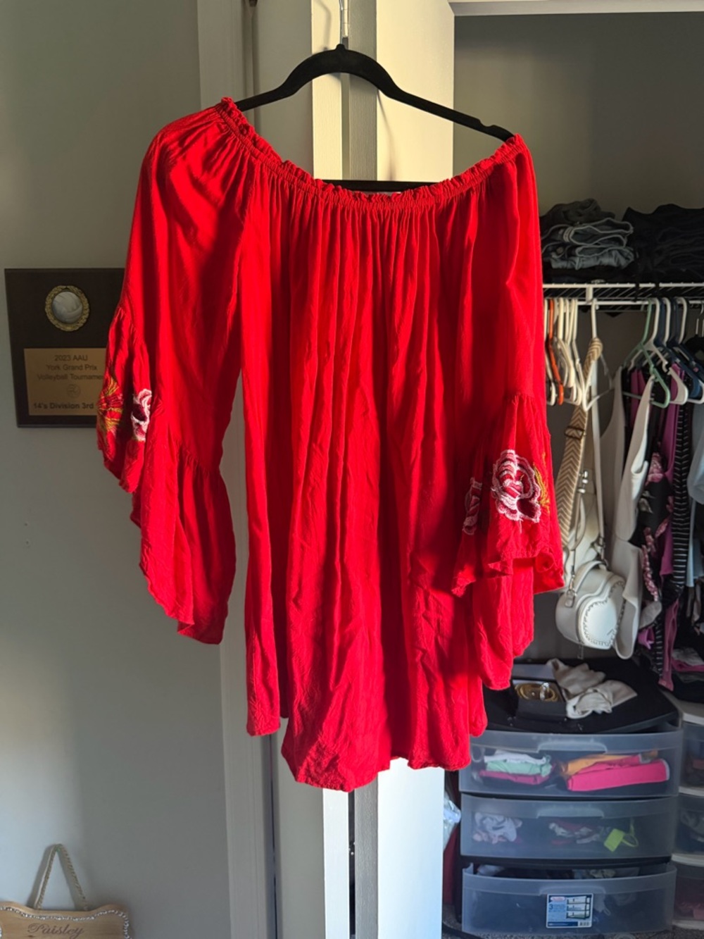 feathers Bright Red Off-Shoulder Mini Dress with Floral Sleeve Embroidery